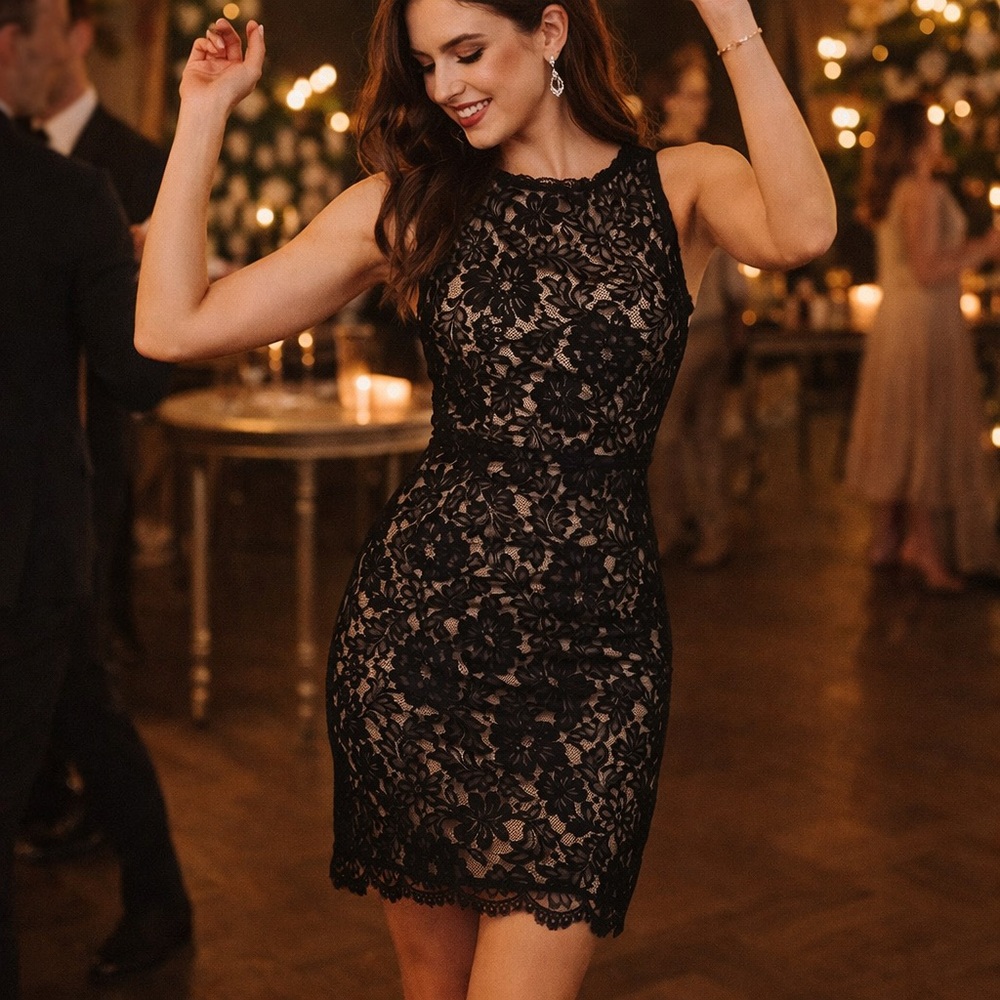 MILLY Claudia Elegant Black Floral Lace Cocktail Dress